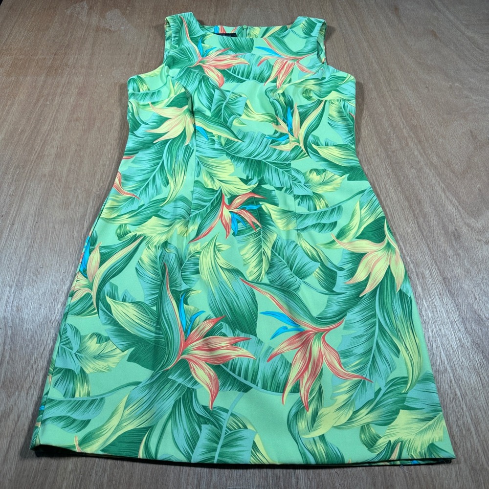 AGB Dress Women 12 Tropical Leaf Print Sleeveless Shift Dress Green Knee Length
